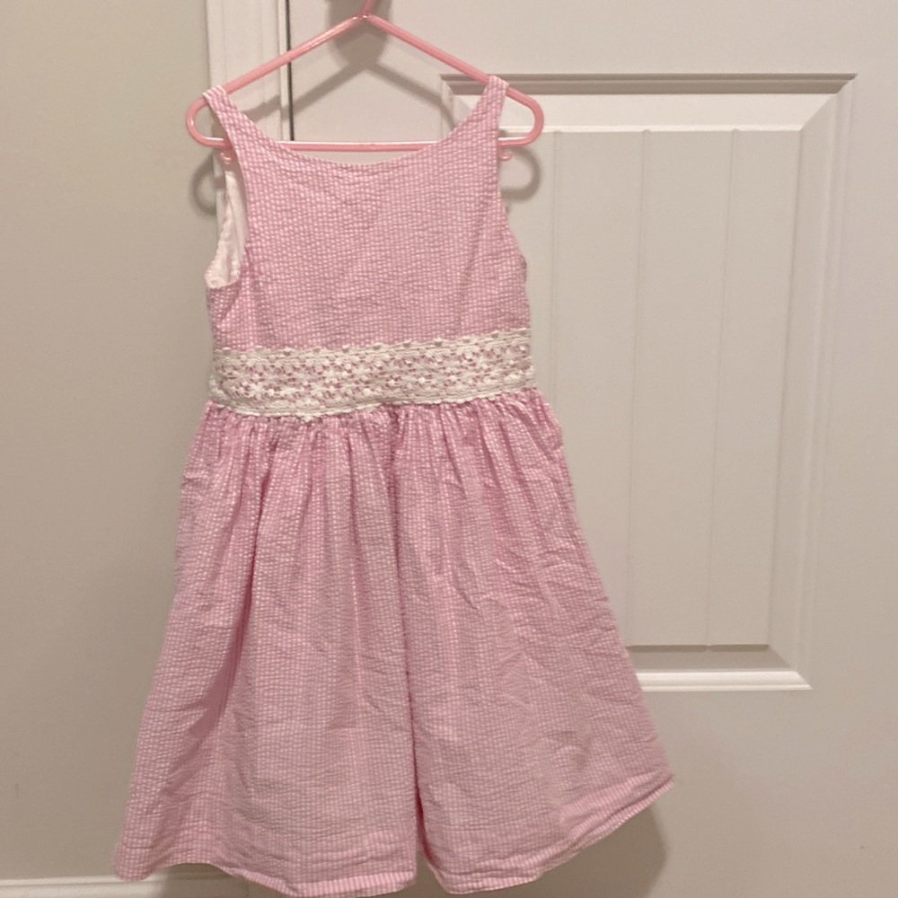 Polo Ralph Lauren Seersucker Dress Pink White 6T. Button and Lace Detail.